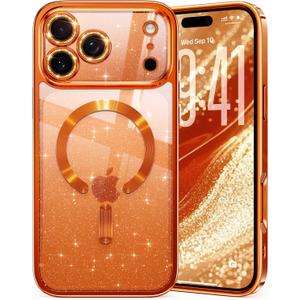 Glitter for iPhone 17 Pro Max Case with Eye-catching Integrated Lens Protection, [Sparkly Bling Back Panel] [Seamless Work with Magsafe] Cute Women Girly Phone Case for iPhone 17 Pro Max Cosmic Orange
