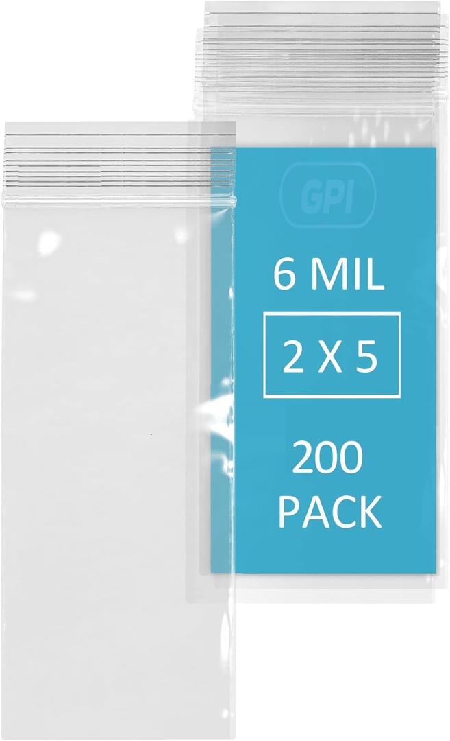 GPI - 6 Mil, Extra Heavy-Duty, 2" x 5" Clear Plastic Reclosable Zip Bags, Puncture-Resistant, Strong Resealable Poly Bags, With Lock Zipper Seal, For Screws, Nuts, Bolts & Constuction, 200 Count
