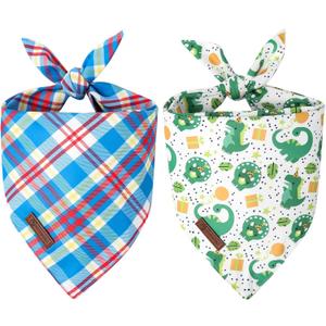 2 x DOGWONG Boy Dog Bandanas 2 Pack, Dinosaur Blue Plaid Print Triangle Reversible Rabbit Carrot Pet Scarf Durable Male Bandana for Small and Medium Dogs (Small)