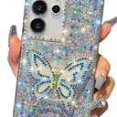 Cute Compatible with Samsung Galaxy S23 Ultra 6.8 inch Girly Case, Bling Glitter Diamond Butterfly Kickstand Case, Soft Silicone Cases for Women(Silver)