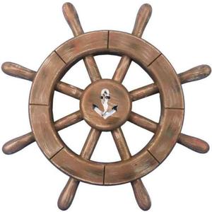 Hampton Nautical Rustic Wood Finish Decorative Ship Wheel with Anchor 12"