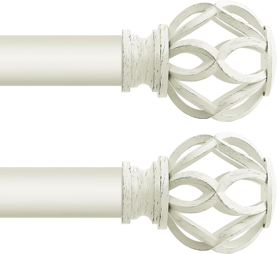 White Decorative Farmhouse Curtain Rods 2 Pack: 18-45" Adjustable Heavy Duty Single Window Curtain Rod for Bedroom Living Room, White Boho Rustic Drapery Rods with Vintage Twist Finial Easy Install