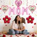 Mothers Day Balloons 16 Inch Pink MOM Letter Balloons Flower Balloons Heart Balloons Mother's Day Foil Balloons for Mothers Day Decorations