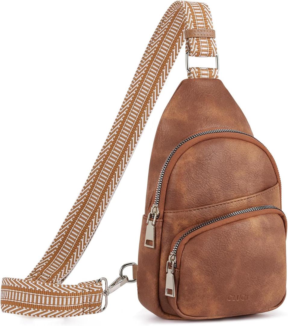 CLUCI Sling Bag for Women, Vegan Leather Fanny Pack Crossbody Bags for Women, Chest Bag With Guitar Strap (A-3 Brown)