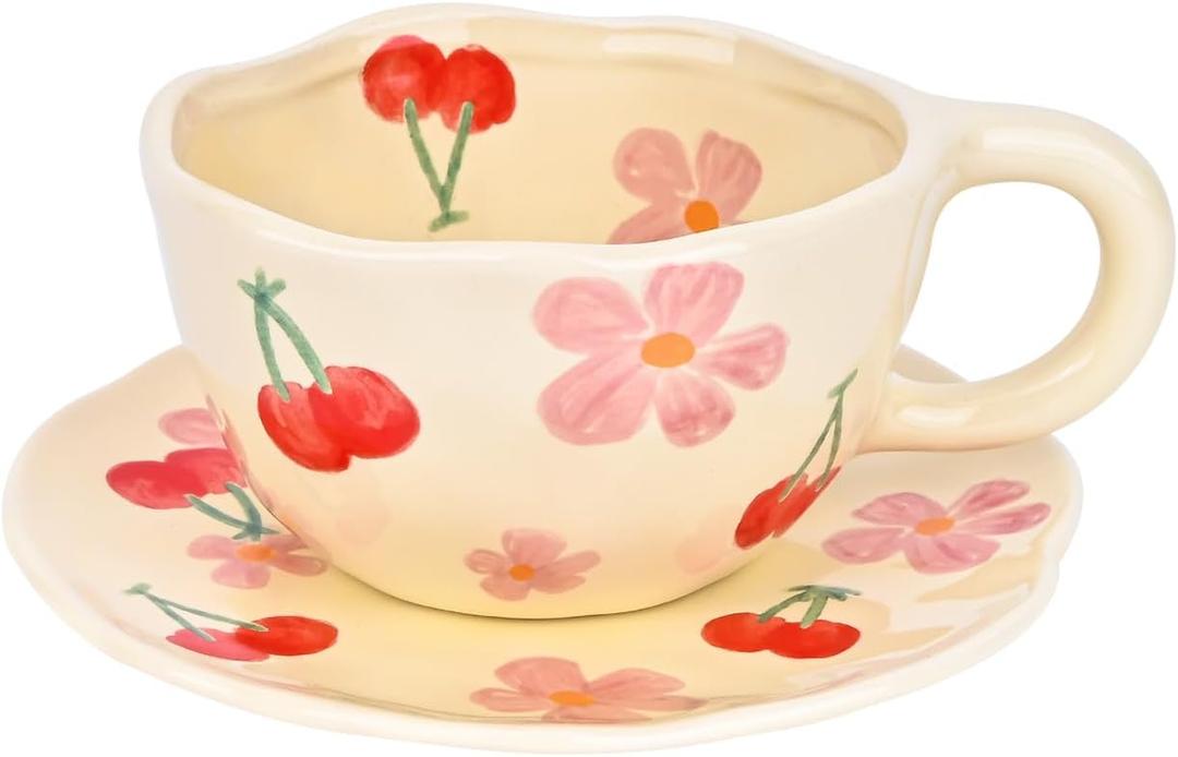 Koythin Ceramic Coffee Mug with Saucer, Cute Flower Cup for Office and Home, 8.5 oz/250 ml for Latte Tea Milk, Fruit Mugs Suitable for Mom on Mother's Day (Pink Cherry)
