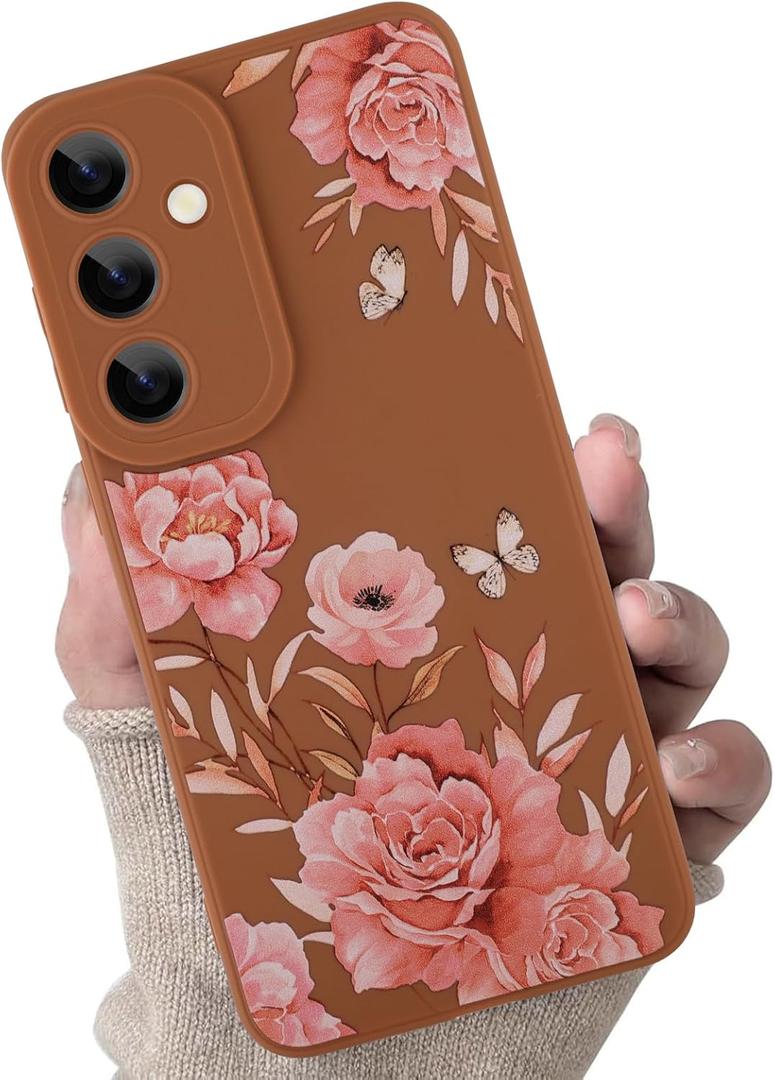 for Samsung Galaxy S24 Case, Cute Flower Floral Butterfly Design for Women Girls Soft TPU Protective Phone Case Slim Fit Shockproof Phone Cover - Brown Rose