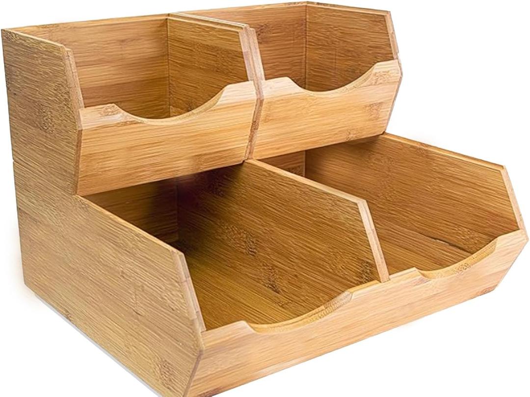 Bamboo Pantry Storage Bins Set of 3, Stackable Desktop Organizer | Ideal for kitchen counters, pantry shelves, dining rooms, coffee bars, offices and utility rooms.