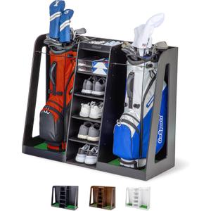 GoSports Premium Wooden Golf Bag Organizer and Storage Rack - Black, White or Brown Finish - Holds 2 Golf Bags