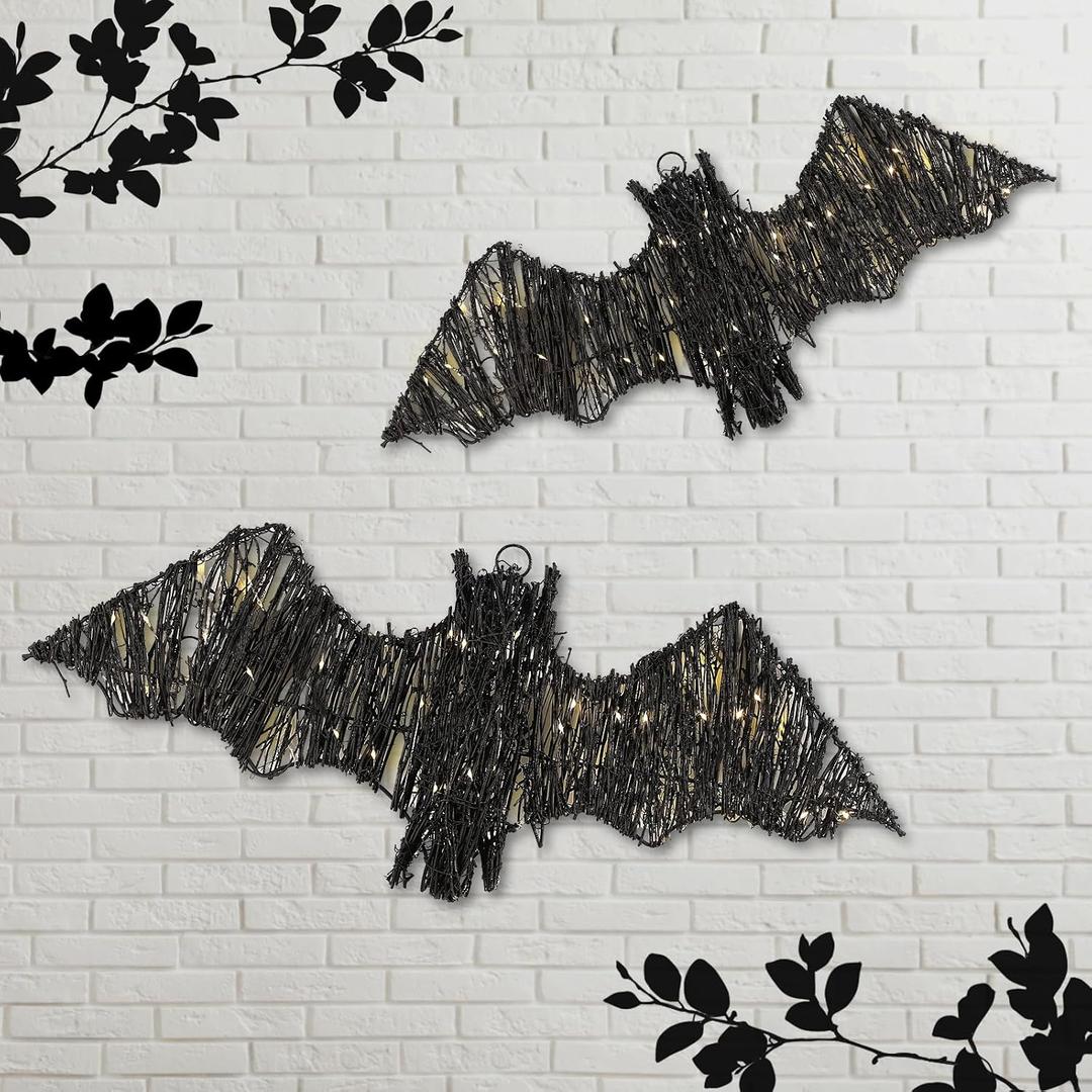 Glooglitter 2 Pack Rattan Bats with Hanging Loops Halloween Lights 3D Lit Woven Bats with Timer Remote for Rustic Modern Farmhouse Decorations