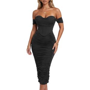 Women's Off the Shoulder Midi Dress Built-in Bra Ruched Corset Bodycon Formal Night Out Cocktail Party Dresses S