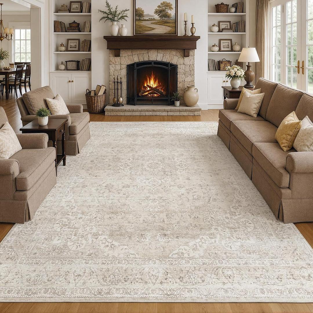 FMFUNCTEX 10x12 Washable Beige Neutral Vintage Area Rug for Living Room