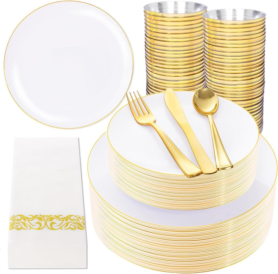 NOCCUR 350PCS Gold Disposable Dinnerware Set for 50 Guests - White and Gold Plastic Plates Include 50 Dinner/Dessert Plates, 150 Silverware and 50 Napkins/Cups Ideal for Party/Christmas
