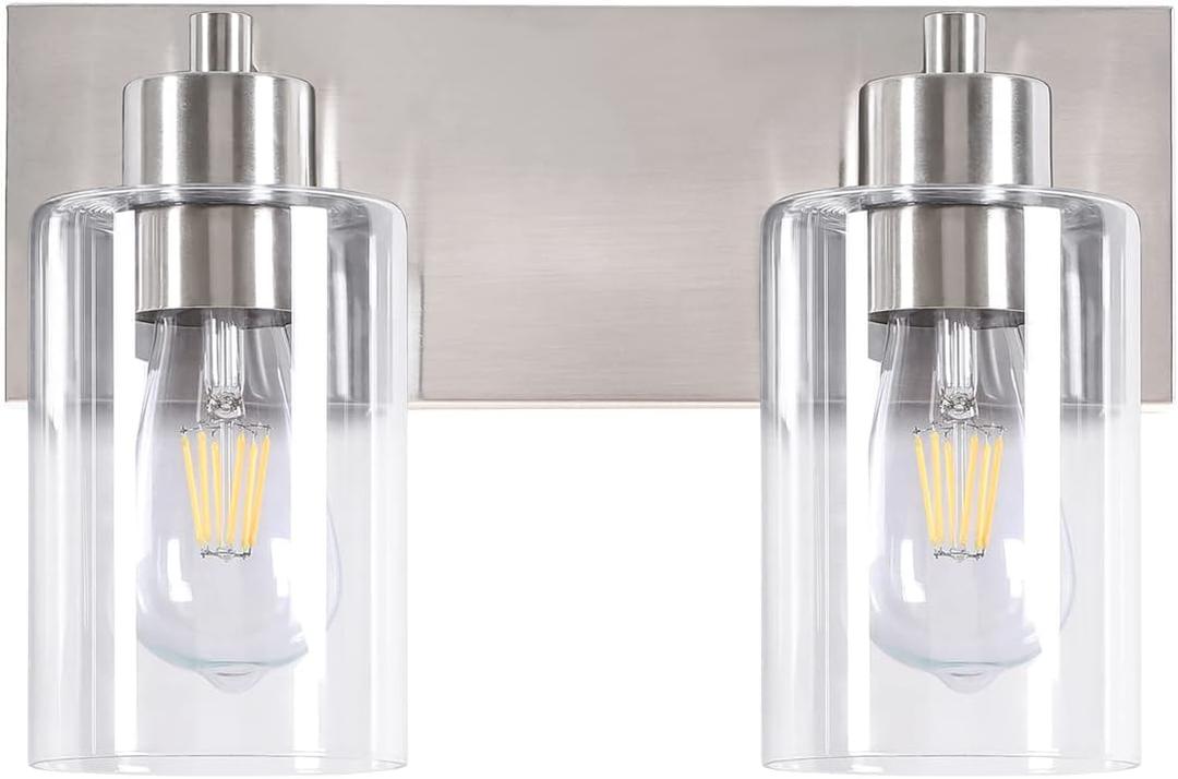 Bathroom Light Fixtures, 2-Light Brushed Nickel Bathroom Vanity Light, Modern Wall Sconces with Clear Glass Shade for Hallway Kitchen Foyer