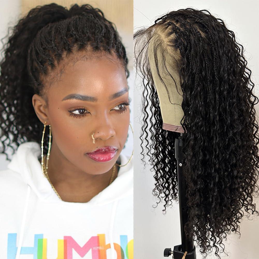 Boho Box Braids Wig Full Lace Braided Wig Human Hair Square Parted Knotless Pre Pluched With Baby Hair Braided Wigs for Black Women(18 inch) (Natural Color)