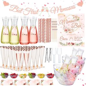 Pickmesh 237 Pcs Mimosa Bar Supplies Include 2 Acrylic Beverage Tub 4 Plastic Carafe with Lid 6 Bowl 20 Disposable Champagne Flute 100 Paper Drinking Straws 100 Cocktail Picks But First Mimosas Banner