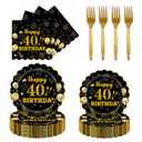 EVYIENEN 96Pcs 40th Birthday Party Tableware Set,Back in 1965 Birthday Party Decorations Supplies, Disposable Black and Gold 40th Birthdays Paper Plates Napkins Forks Favors for Men Women, Serve 24