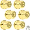 6 Pack Entry Gold Door Knob with Lock, Gold Door Handles Interior for Bedroom or Bathroom, Heavy Duty Door Knob with Door Handles for Left Right Sided Doors