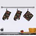 Cute Mushroom Oven Mitts and Pot Holders Sets of 3, Heat Resistant Black Hot Pads Oven Gloves with Hanging Loop for Cooking Grilling Baking, Boho Kitchen Decor, Witchy Gifts for Women Mushroom Lovers