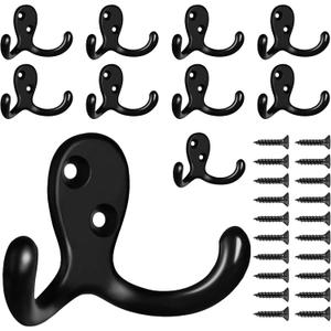 10 Pack Coat Hooks Wall Hooks for Hanging, Heavy Duty Double Prong Metal Hook Wall Mounted for Living Room, Bathroom, Kitchen, Bedroom for Coat, Bag, Scarf, Towel, Hat, Key, Cup (Black)