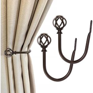 2 Pack Bronze Curtain Holdbacks, USFOOK Decorative Window Drapery Tiebacks (2 Pack/1 Pair), Curtain Tie Back Hooks for Wall with Twisted Cage Finials (3.45" L x 5.35" W)