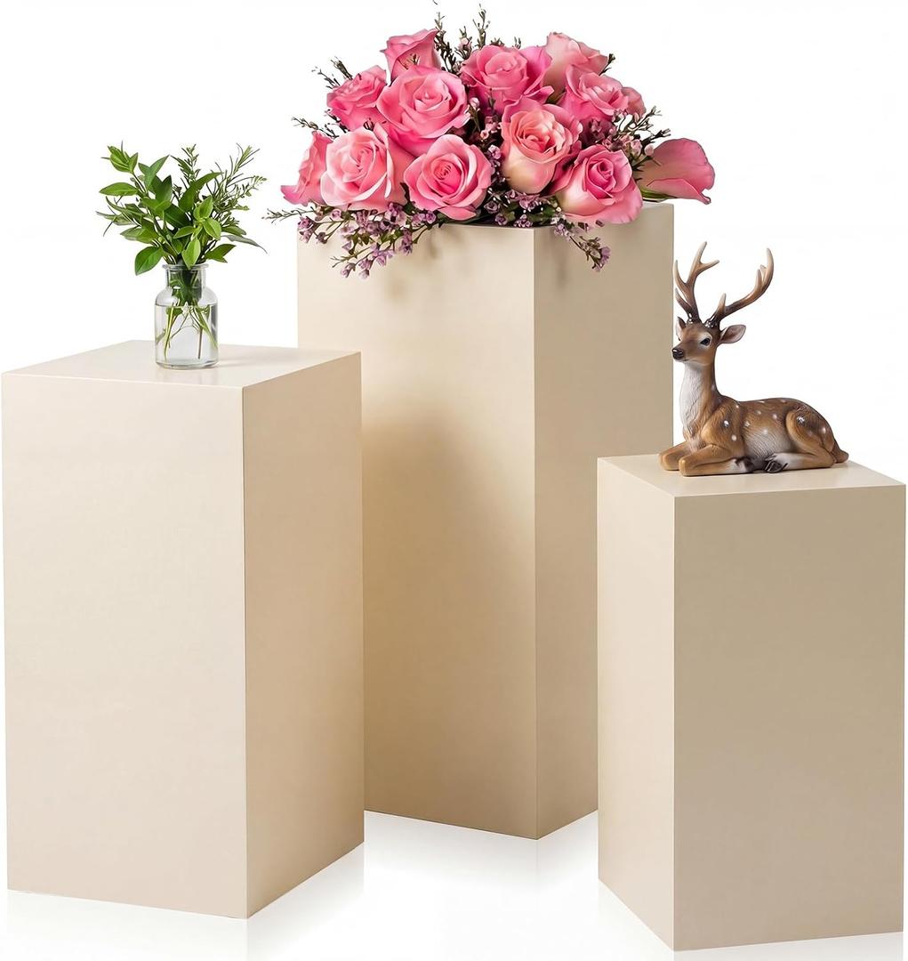 Zonon 3 Pcs Beige Square Pedestal Stands for Party, Metal Display Stands Pillars for Wedding Bridal Ceremony Baby Shower Birthday Party Decorations, 29.5*13.4''(L), 23.6*11.8''(M), 19.7*10.2''(S)