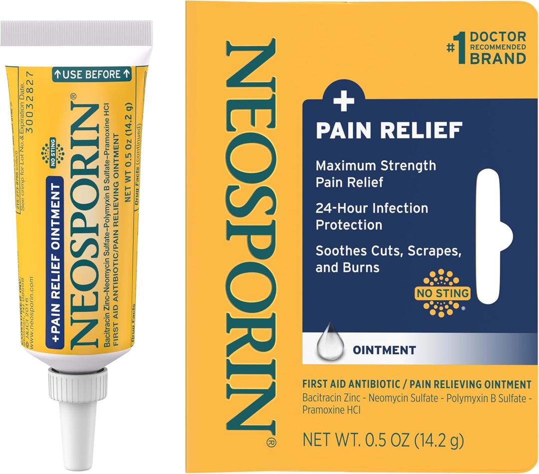 2 x Neosporin + Maximum-Strength Pain Relief Dual Action Ointment, First Aid Topical Antibiotic & Analgesic Ointment for 24-Hour Infection Protection with Bacitracin Zinc & Pramoxine HCl,.5 oz (0.5 Ounce)