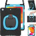 BRAECN Case for iPad 9/8/7 Generation,Hybrid Shockproof Case with Pencil/Pencil Cap Holder, Handle Grip, Kickstand, Strap, Screen Protector for iPad 10.2 9th/8th 7th Gen 2021/2020/2019-Black+Blue