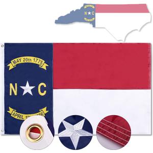 North Carolina Flag 3x5ft, NC State The Old North State, Heavy Duty Embroidered Stars Outdoor Indoor All Weather 210D Nylon Burgee With Strong Canvas Header/Brass Grommets