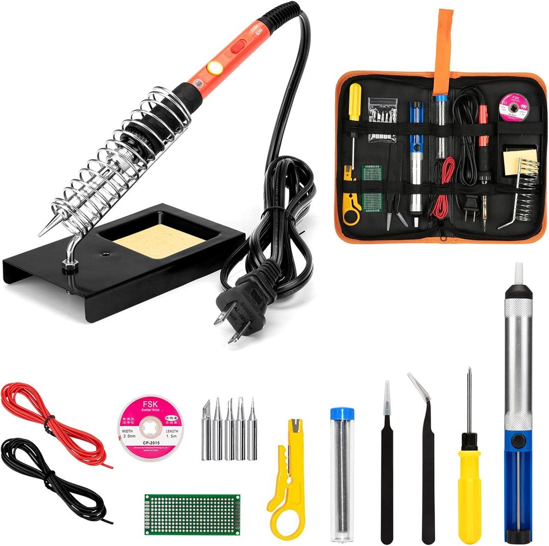 Soldering Iron Kit, 60W 110V Soldering Iron Adjustable Temperature, Desoldering Pump, 5 Solder Tips, Solder Wire, Stand, Solder Wick