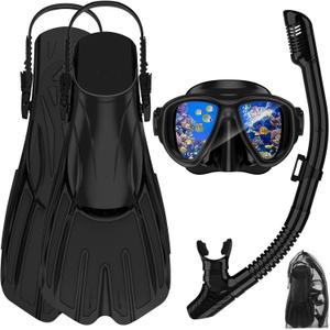 Snorkeling Gear for Adults,3 in 1 Snorkel Set with Panoramic View Diving Mask Anti-Fog Anti-Leak,Dry Top Snorkel,Fins and Travel Bag for Swimming,Snorkeling and Travel Diving (S/M5-9, Black)