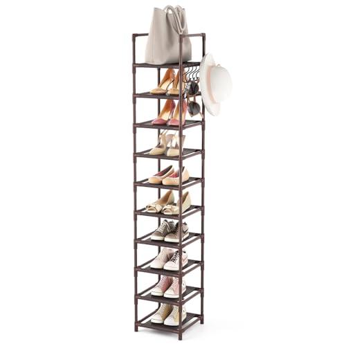 LANTEFUL Tall Shoe Rack 10-Tier Narrow Shoe Shelf Storage for 10-15 Pairs Shoe and Boot, Sturdy Shoe Storage Space Saving Corner Shoe Rack Organizer for Closet, Entryway, Living Room, Brown