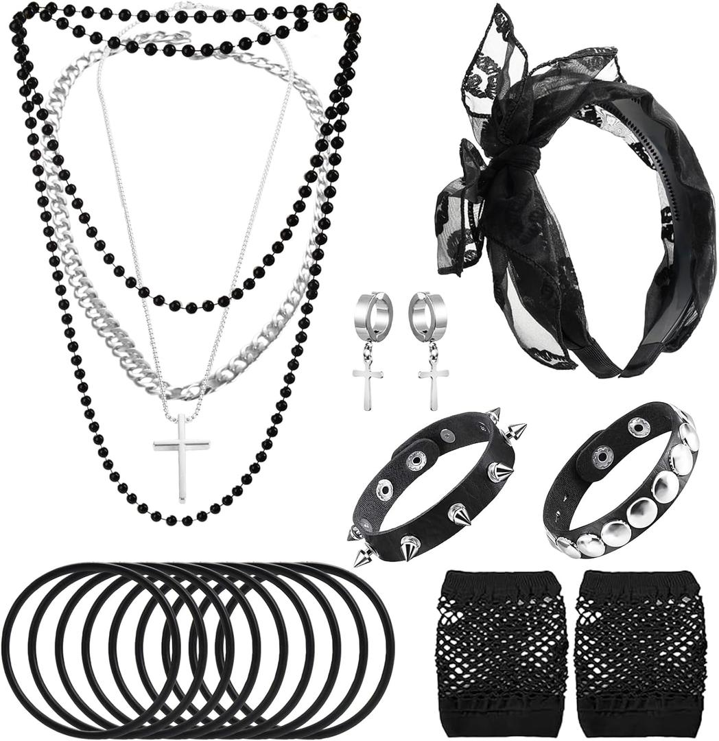 80s Costume Accessories for Women, Punk Fancy Dress Party Kit with Lace Headband Earrings Fishnet Gloves Necklace Bracelet for 80's Retro Themed