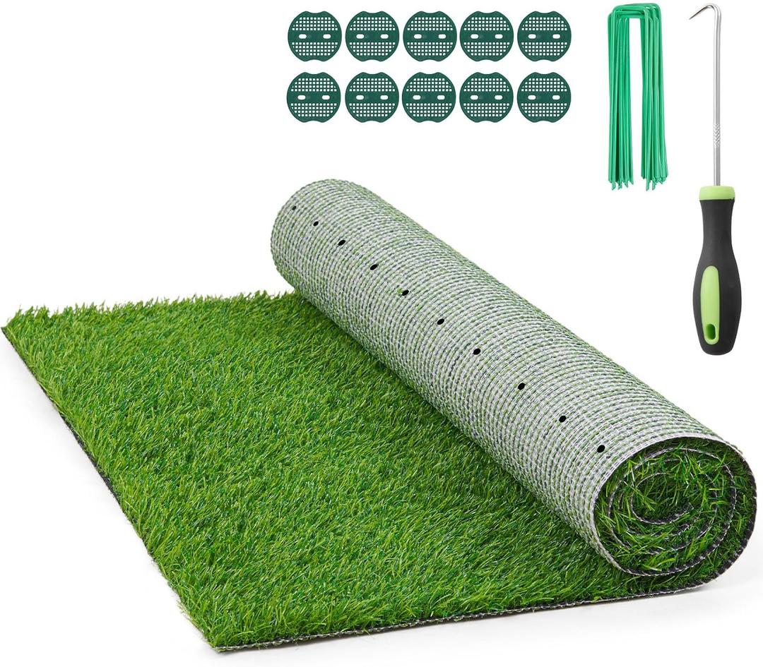 Realistic Artificial Grass Rug Indoor Outdoor: Fake Grass Turf with Drainage Holes, Pet-Friendly Dog Grass Mat, Perfect for Garden Lawn Balcony Patio Backyard Landscape Decoration, 5FT x10FT