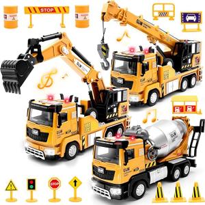 Vanvimen 6 Pcs Alloy Construction Truck Toys for 2 3 4 5 Year Old Boys, 9" Construction Vehicles with Light & Sound, Truck Toys for 1 2 3 Year Old Boys, Ideas 2 3 4 5 Year Old Boy Birthday Gifts
