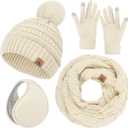 Winter Hat Scarf Gloves and Ear Warmer, Warm Knit Beanie Hat Touch Screen Gloves Set Winter Gifts Neck Scarves for Women (Beige)