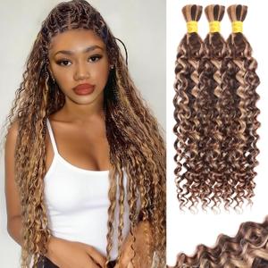 16 Inch Highlight Water Wave Human Braiding Hair for Boho Braids, P4/27/30 Ombre Brown Blonde Deep Water Wave Curly Boho Braids Hair Extensions 110g for Braiding Knotless 3 Bundles/Pack