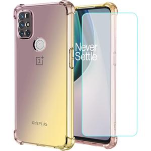 Cellular Phone Case - OnePlus Nord N10 5G Specific, Clear Gradient Slim Shockproof TPU Back Protective Cover with Tempered Glass Screen Protector (Black/Gold)