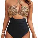Women's Brown Lepoard One Piece Swimsuit - Sexy Cutout Bathing Suit Tummy Control Criss Cross Swimwear XL