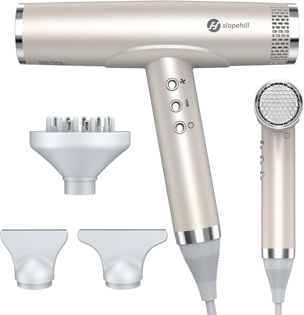 slopehill Professional Hair Dryer with Diffuser, Ionic Hair Dryer,Lightweight Compact Powerful & Fast Salon Blow Dryer with High Speed Brushless Motor, Travel Hairdryer, Women & Men (Ceramic, Stone)
