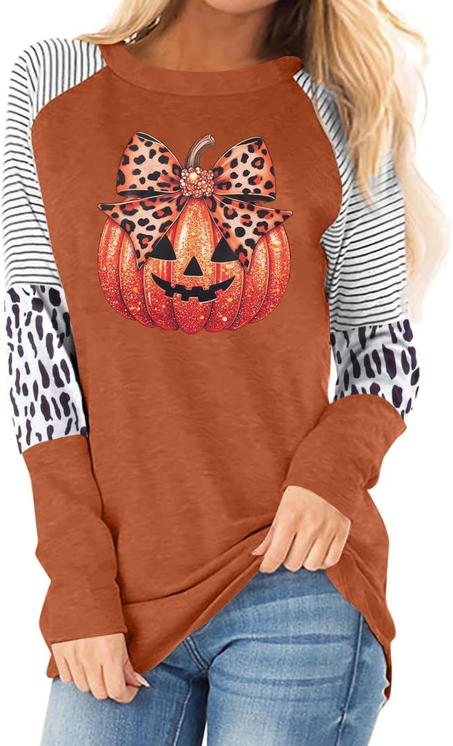 Graphic Shirts Women Pumpkin T Shirt Grateful Blessed Print Long Sleeve Blouse Leopard Striped Fall Tee (S)