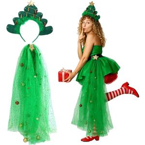 Newcotte 2 Pcs Green Christmas Tree Costume for Women Mesh Skirt Headband Festive Xmas Tree Outfit for Party Cosplay Carnival
