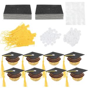 Graduation Cap Chocolate Decorations, 50pcs Black Glitter Mini Grad Cap Cupcake Toppers Graduation Hat Decor with Tassel for 2026 Graduation Party Decoration