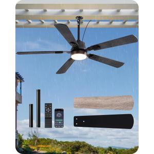 EDISHINE 52" Outdoor Ceiling Fan with Light, IP66 Waterproof Gazebo Hanging Fan, 5200 CFM, 3CCT, APP/Remote Control, 5 Wood Blade, 6-Speed Winds, Plug in Ceiling Fans for Patios Porch Pergola, Black