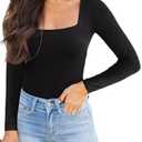 Women Basic Sexy Square Neck Double Lined Long Sleeve Bodysuit Tops Jumpsuits, Black, L