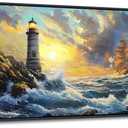 CHATYOUNG Large Wall Art Living Room, Ocean Sunrise Big Waves Framed Wall Pictures Beach Sailboat Lighthouse Landscape Canvas Paintings for Bedroom Dining Room Kitchen Office Home Decor 29x58 IN (Yellow gray blue)