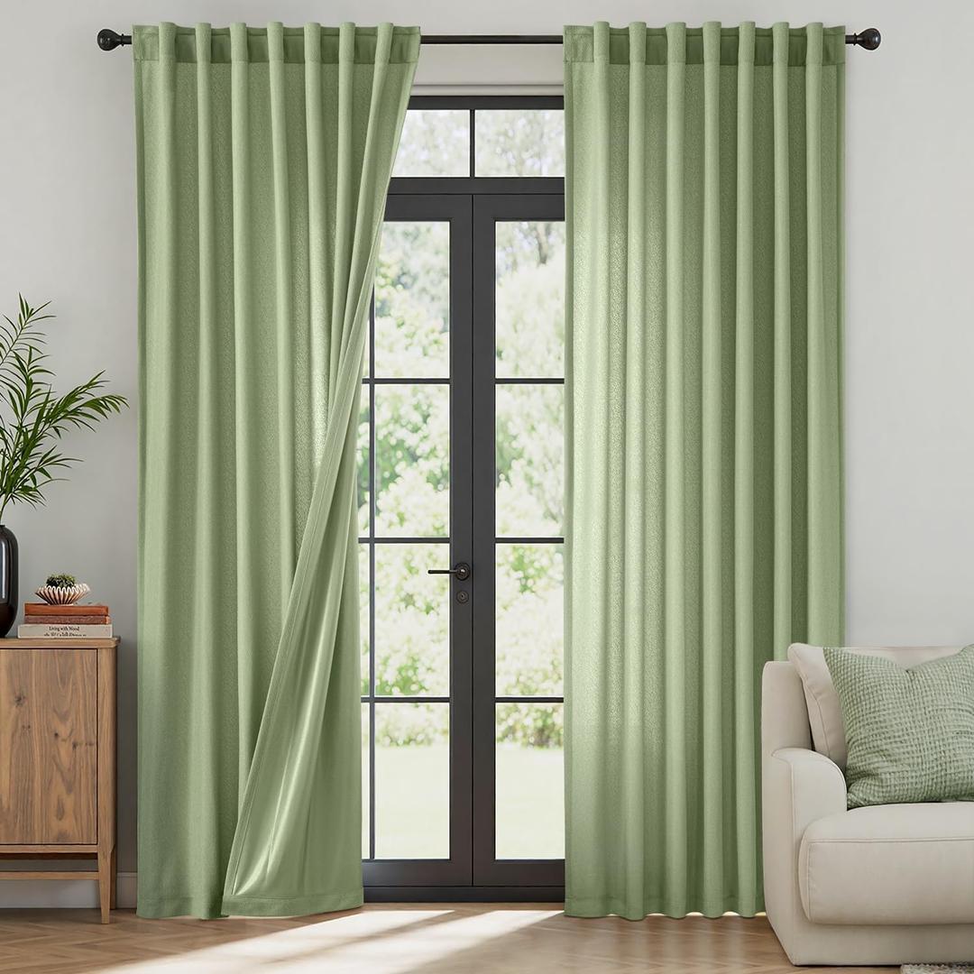 MIULEE Sage Green Thermal Insulated Curtains 63 Inch Long 2 Panels Set for Summer Heat Blocking Non See Through Privacy Thick Semi Sheer Light Filtering Back Tab Window Drapes for Bedroom Living Room