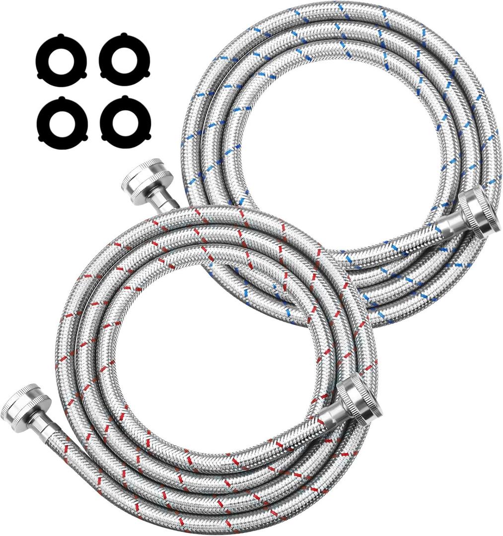 6Ft Stainless Steel Washing Machine Hose by Puxyblue for All Washers - 2 Pack Burst Proof Red and Blue Braided Hoses for Hot and Cold Water Supply 