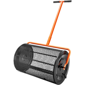 VEVOR Compost Spreader, 24.4-25.6" Height Adjustable Handle, 24" Wide, Lawn and Garden Peat Moss Roller with Side Latches, Powder Coated Steel Mesh Basket for Spreading Manure, Topsoil, Black