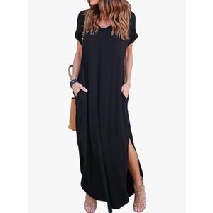 HUSKARY Women's Summer Maxi Dress Casual Loose Pockets Long Dress Short Sleeve Split Maxi Dresses | Medium