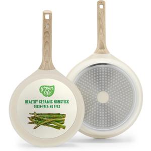 GreenLife Nonstick 2 Piece Frying Pan Set, 9.5" & 11" Skillets Ceramic PFAS-Free Nontoxic, Induction Suitable, Wood Print Handles, Stay-Cool Handles, Deep Cooking Skillets, Egg Pan, Granite Cream